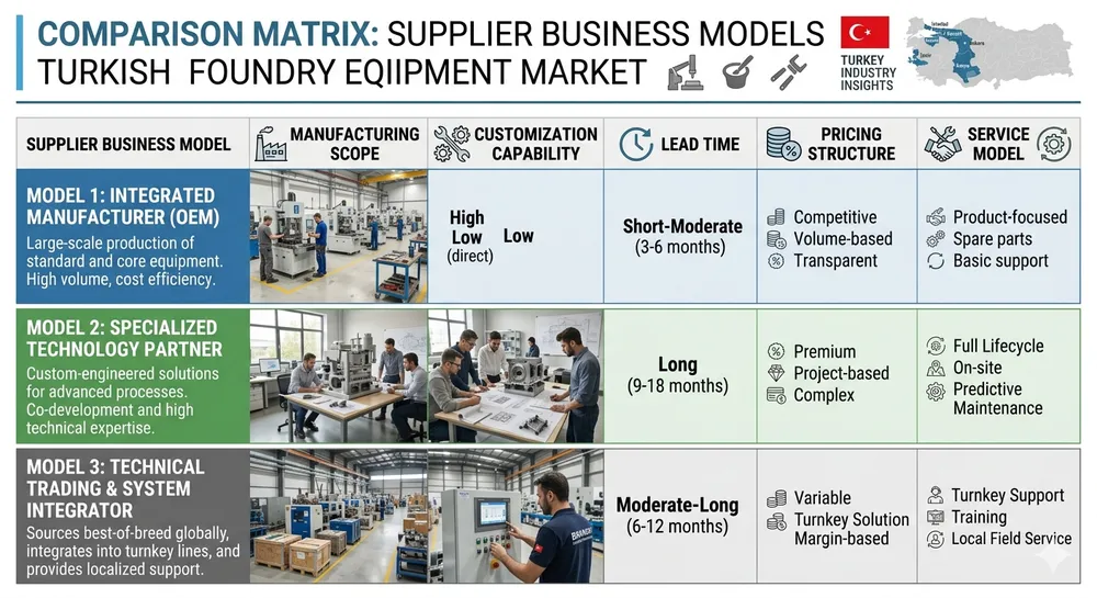 Comparison chart showing three Turkish supplier models for lost foam casting lines - importers, integrators, and manufacturers