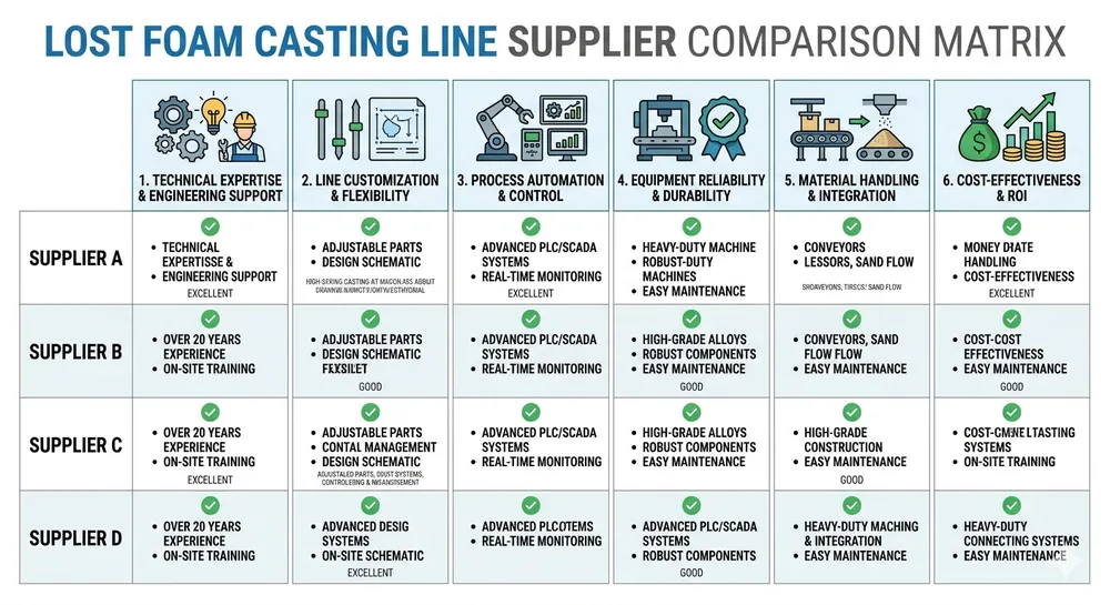 Lost foam casting production line supplier evaluation matrix showing vacuum specs, control systems, turnkey capability, and support structure