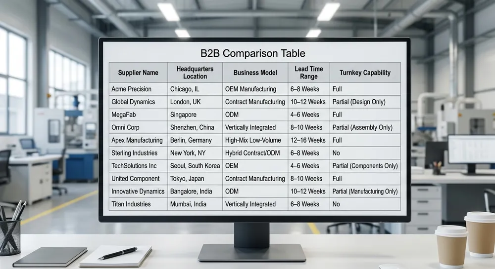 Comparison table of 10 lost foam casting production line suppliers showing headquarters, business model, turnkey capability, and typical lead times