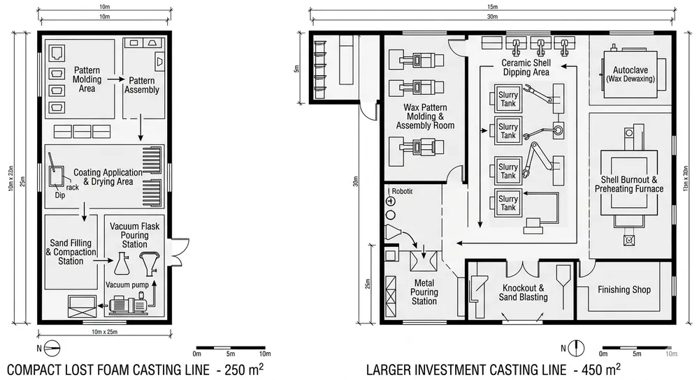 Production line floor space comparison showing lost foam casting 250 m² layout versus investment casting 450 m² layout