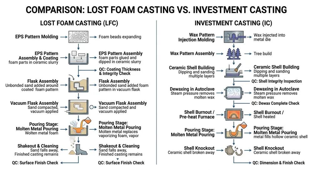 Lost foam casting and investment casting process flow comparison showing pattern preparation, mold assembly, and metal pouring stages