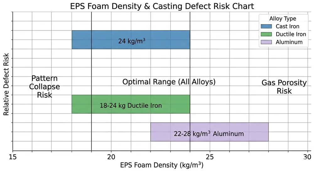 EPS foam density range chart showing optimal zones for cast iron, ductile iron, and aluminum lost foam casting