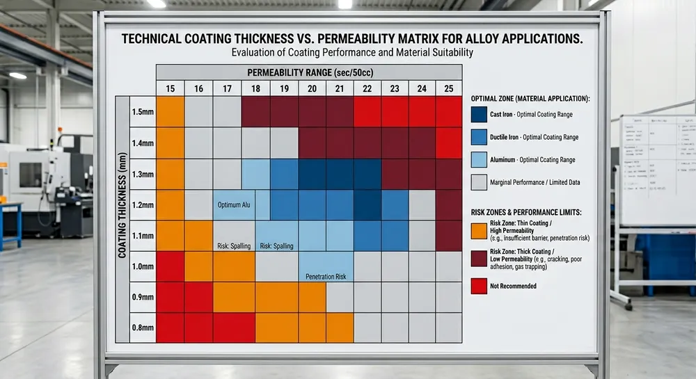 Coating Specification Matrix Lost foam casting coating thickness and permeability selection matrix for different alloy types and EPS densities