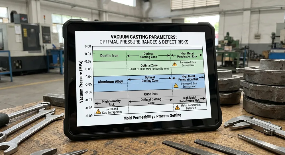 Vacuum Pressure Optimization by Alloy Optimal vacuum pressure ranges for cast iron, ductile iron, and aluminum lost foam casting with defect risk zones
