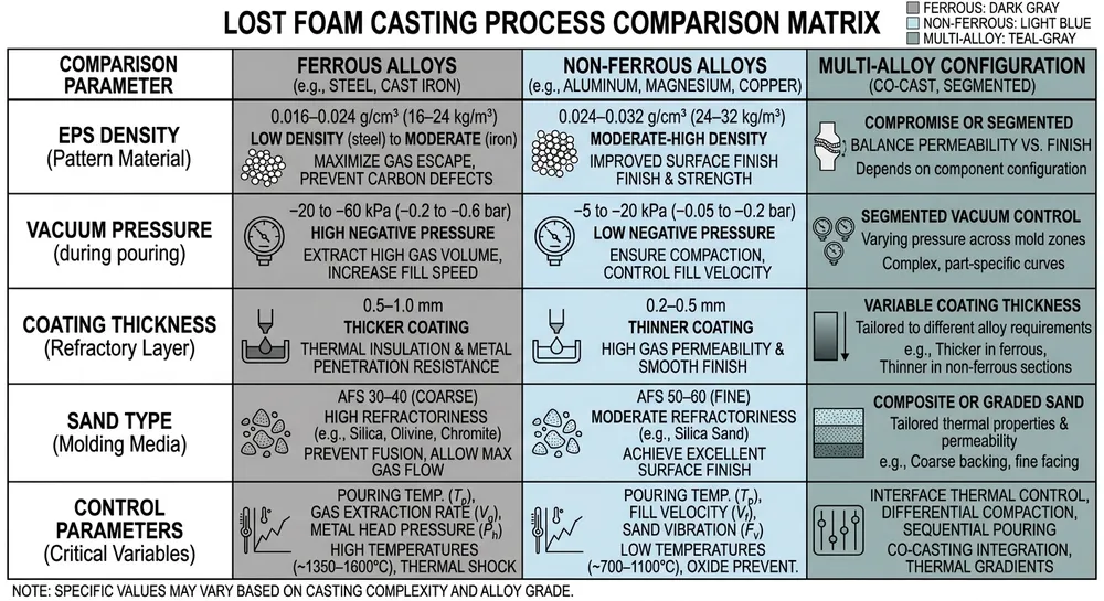 Decision matrix showing EPS density, vacuum pressure, and coating thickness requirements for ferrous versus non-ferrous metal casting production lines