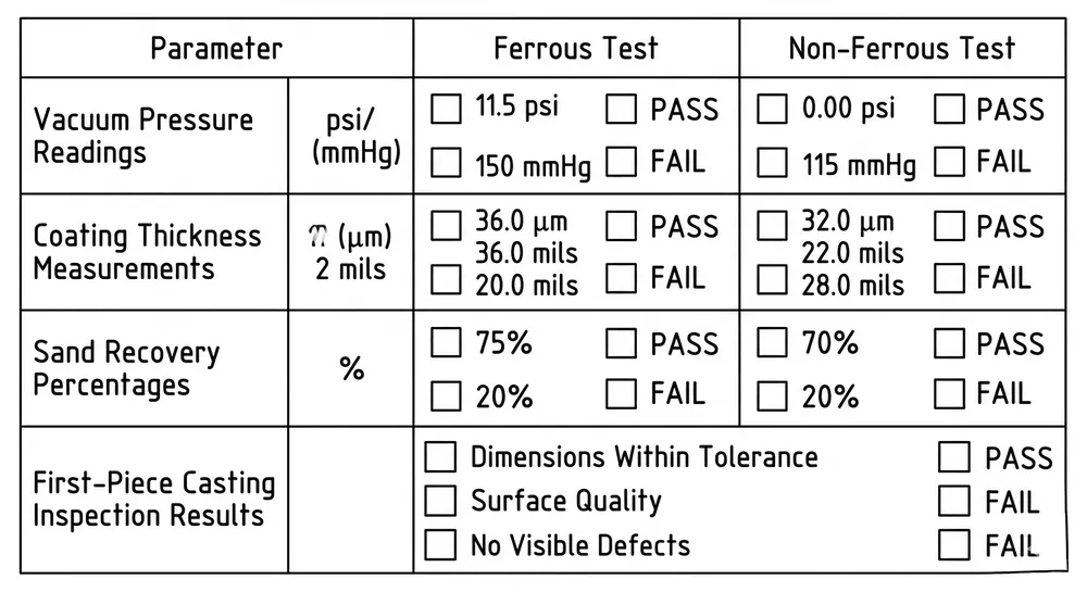 Multi-Alloy Line Commissioning Checklist Commissioning checklist for multi-alloy metal casting production line showing vacuum pressure verification, coating thickness measurement, and sand recovery rate testing