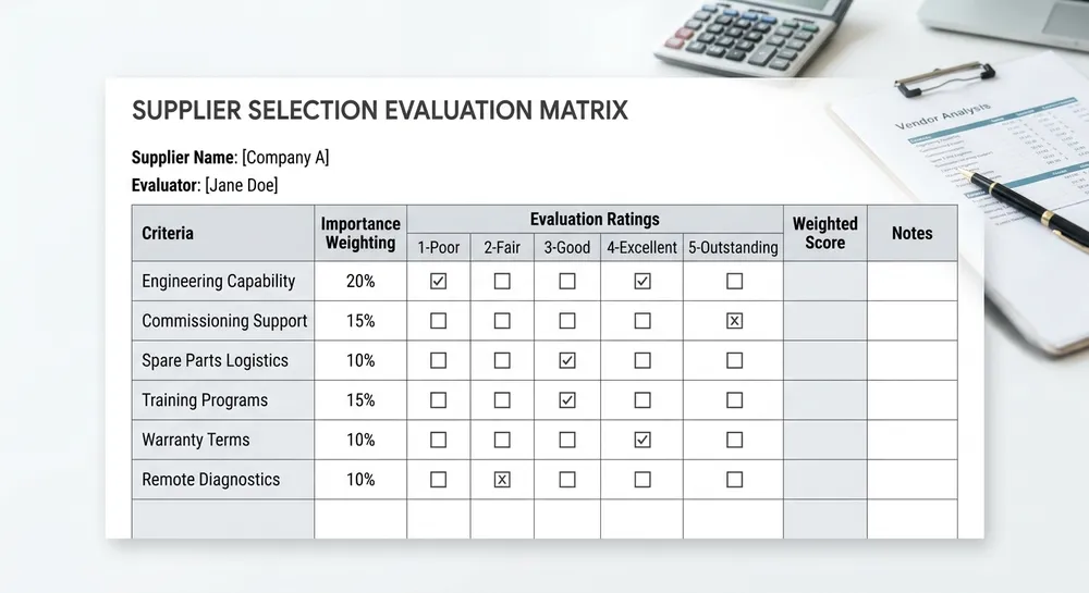 Casting Line Supplier Evaluation Framework Evaluation matrix showing key supplier selection criteria for metal casting production lines including engineering support, commissioning capability, spare parts logistics, and training programs