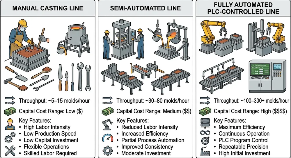 Casting Line Automation Upgrade Path Three-stage comparison chart showing manual casting line, semi-automated hybrid line, and fully PLC-controlled automated casting line with throughput rates and capital costs