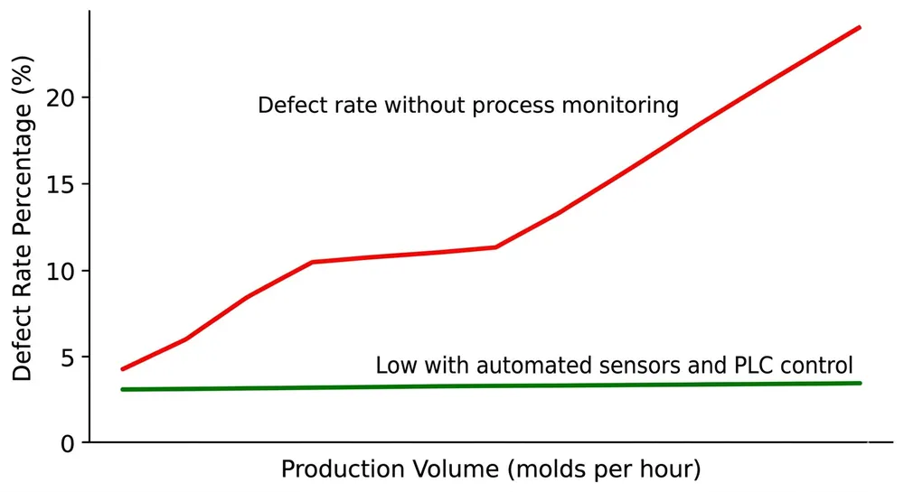 Defect Rate Scaling with Process Monitoring Line chart showing how casting defect rates increase with production volume without process monitoring, compared to stable defect rates with automated process control