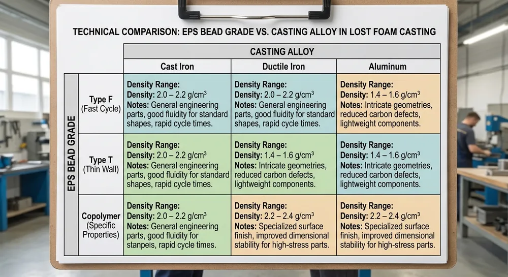 EPS bead grade selection chart comparing Type F, Type T, and copolymer beads for different casting alloys and pattern densities