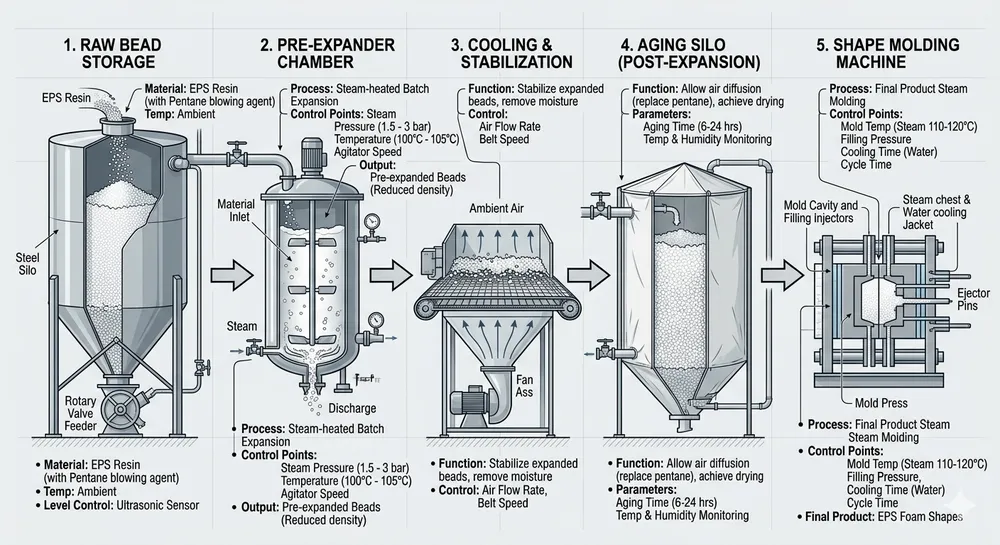 Pre-Expansion Process Flow Process flow diagram showing EPS bead pre-expansion stages from raw bead intake through steam injection, cooling, aging silo, and pattern molding