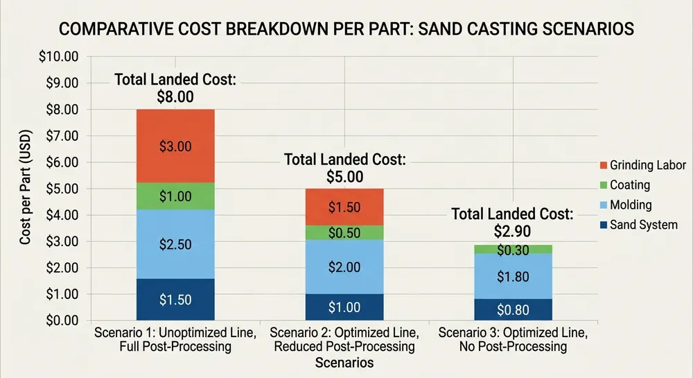 Line Optimization vs Post-Processing Cost Analysis Cost comparison chart showing line-level surface finish optimization versus post-processing grinding for sand castings