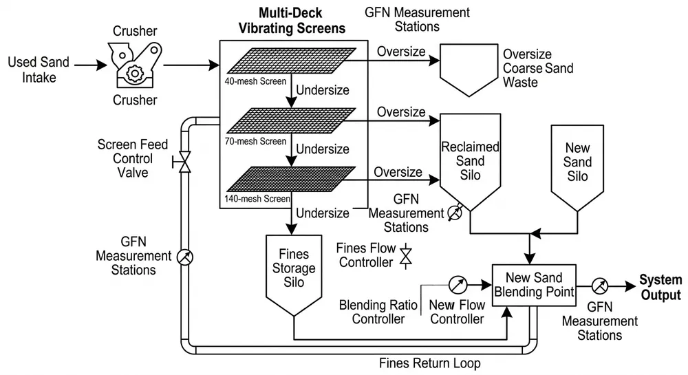 Sand Reclamation Flow for Surface Finish Control Sand reclamation system flow diagram showing screening stages and GFN control points