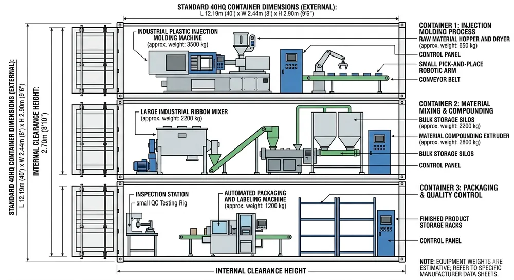Diagram showing modular sand casting production line equipment packed into three 40HQ shipping containers with dimensions and weight distribution