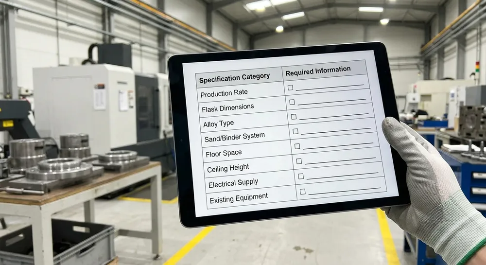 Procurement checklist table showing required specifications for sand casting production line RFQ including production rate, flask size, alloy type, floor space, and power supply