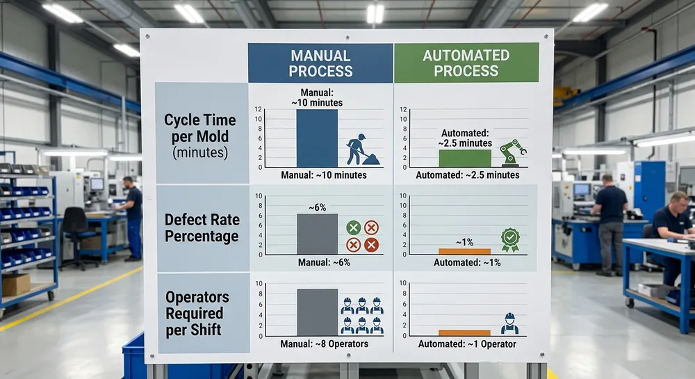 Comparison chart showing cycle time, defect rate, and labor requirements for manual versus automated sand casting production lines