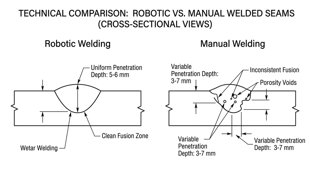 Weld Penetration Depth Comparison Cross-section comparison of robotic welding versus manual welding penetration depth in vacuum chamber seams