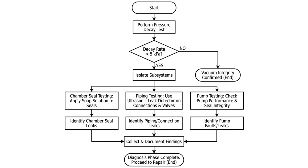 Vacuum Leak Diagnosis Flowchart Diagnostic flowchart for isolating vacuum leak sources in lost foam casting production lines