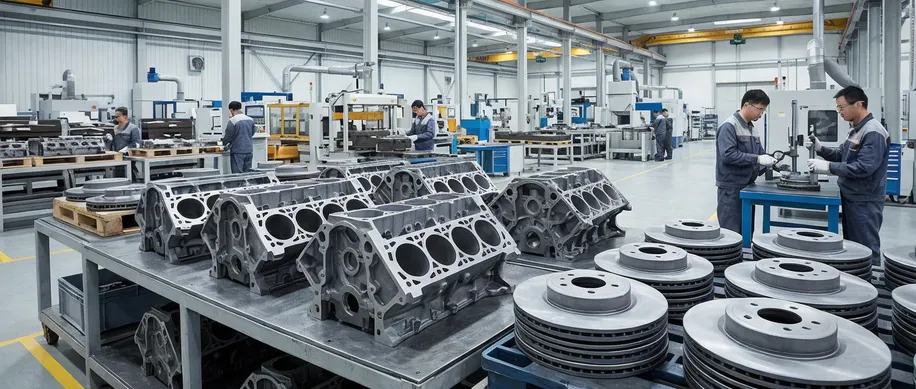 Automotive cast iron components including engine blocks and brake rotors produced via lost foam casting