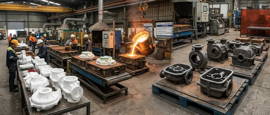 Industrial machinery iron castings including pump housings and valve bodies