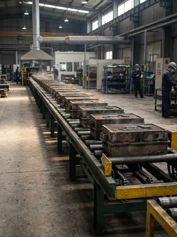 Extended cooling conveyor for iron castings in a lost foam production line