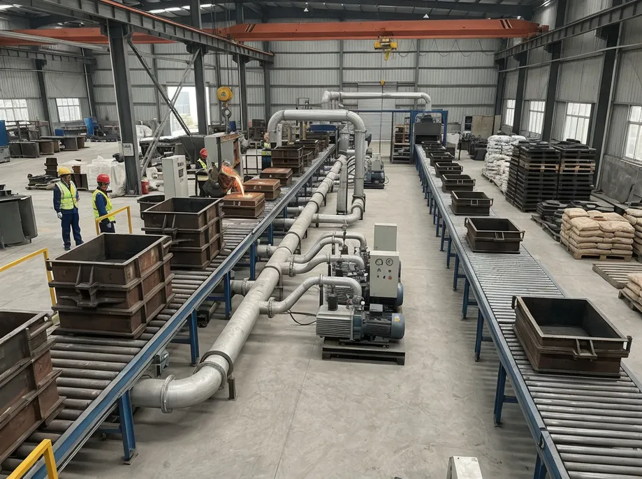Equipment configuration layout for a cast iron lost foam casting production line showing flask handling, cooling conveyors, and vacuum systems