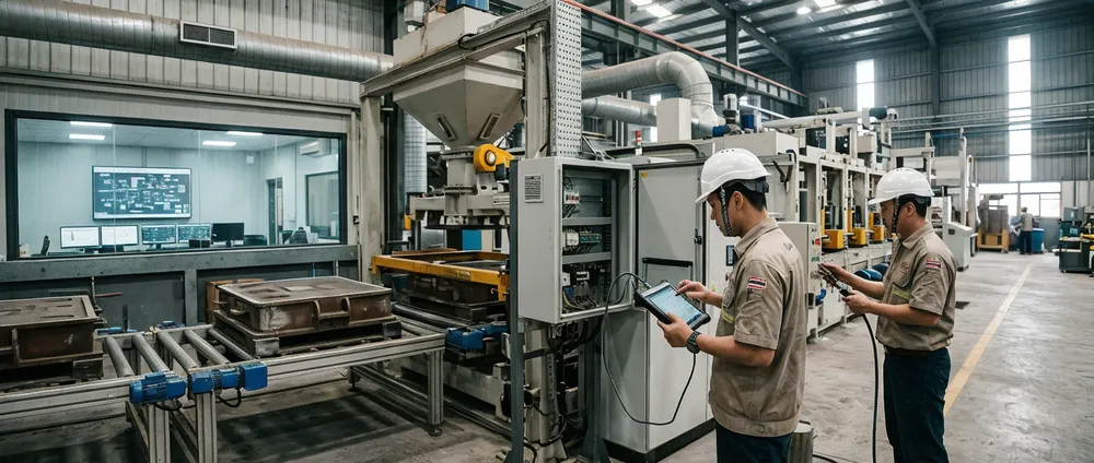 TZFoundry technicians commissioning a cast iron lost foam casting production line on-site