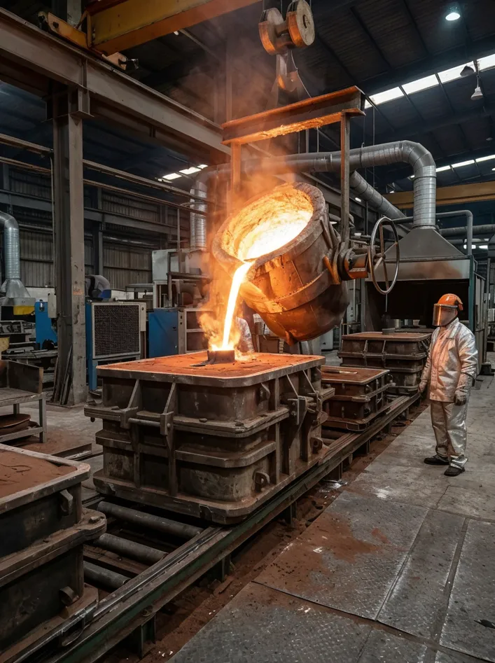 Molten cast iron pouring at 1400-1500°C into lost foam mold flask