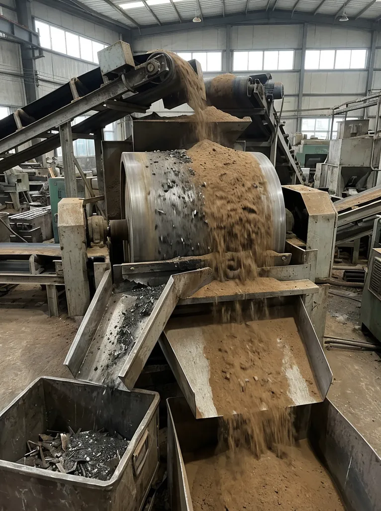 Rotating magnetic drum separator removing ferrous particles from reclaimed foundry sand in an iron casting production line