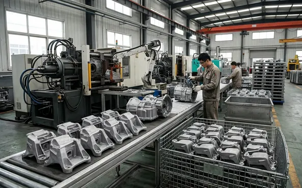 Automotive die cast components including engine brackets and transmission housings