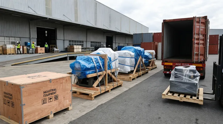 Die casting machine modules packed for container shipping from factory