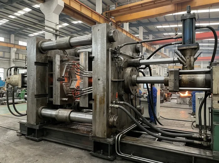 Industrial die casting machine showing clamping unit and injection system