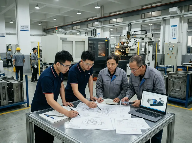 TZFoundry engineering team reviewing die casting part drawings and machine configuration for a production line quote