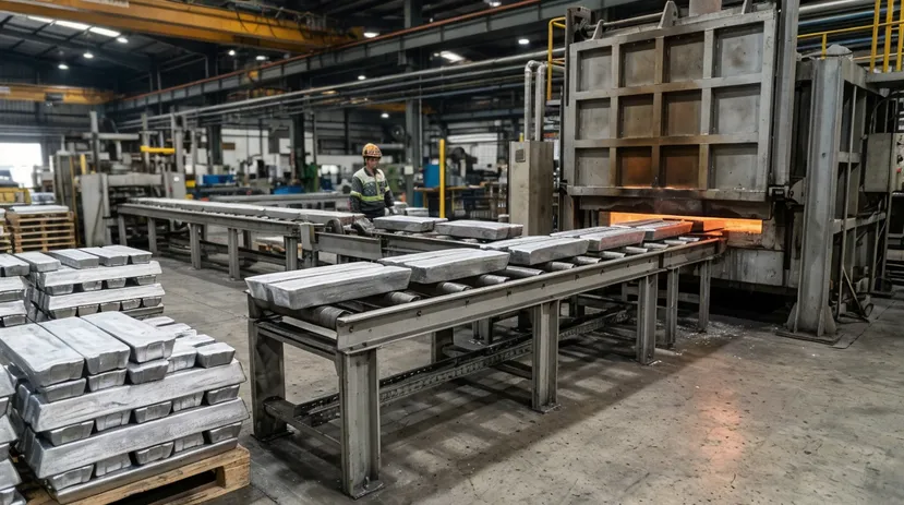 Material handling system moving ingots from storage to melting furnace in a die casting facility