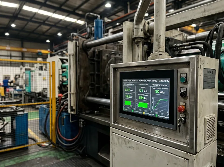 PLC control panel showing three-stage injection pressure monitoring on a TZFoundry die casting machine