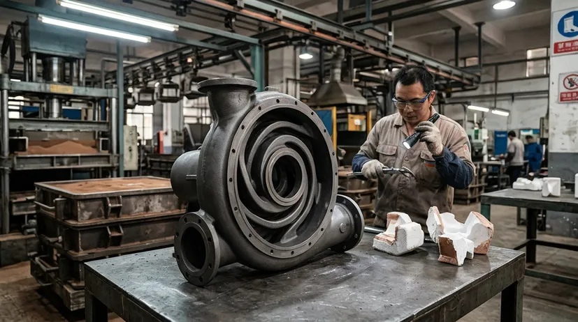 Ductile iron industrial pump housing with complex internal passages produced via lost foam casting