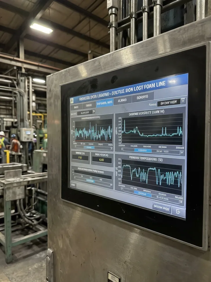 PLC HMI screen showing 90-day process data logging for vacuum pressure, coating viscosity, and pouring temperature on ductile iron lost foam line