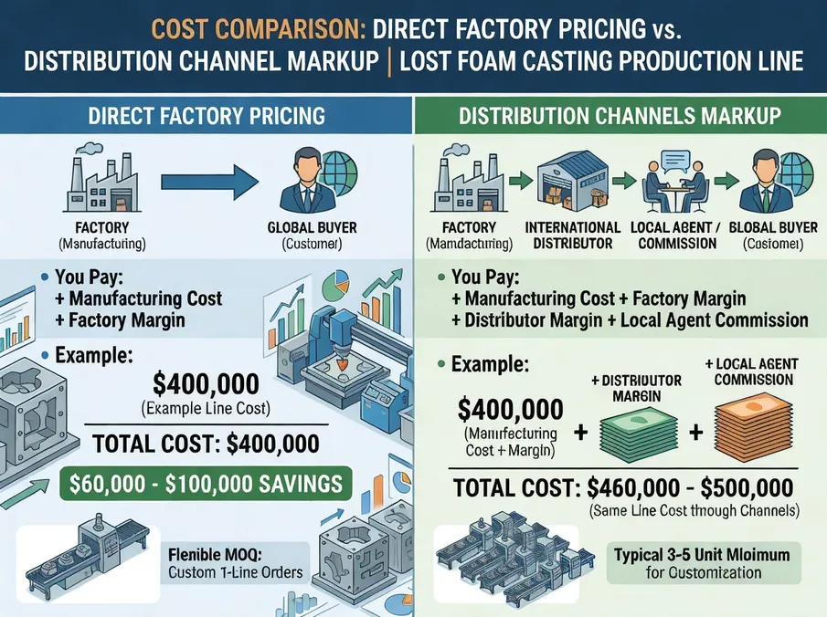 Cost comparison showing direct factory pricing vs distribution channel markup