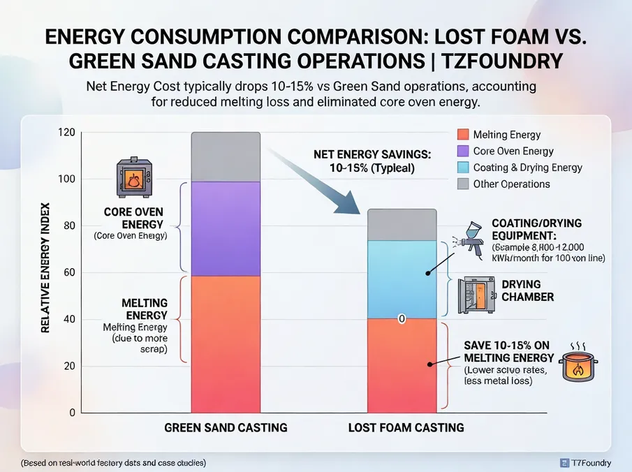 Energy consumption comparison chart for lost foam vs green sand casting operations