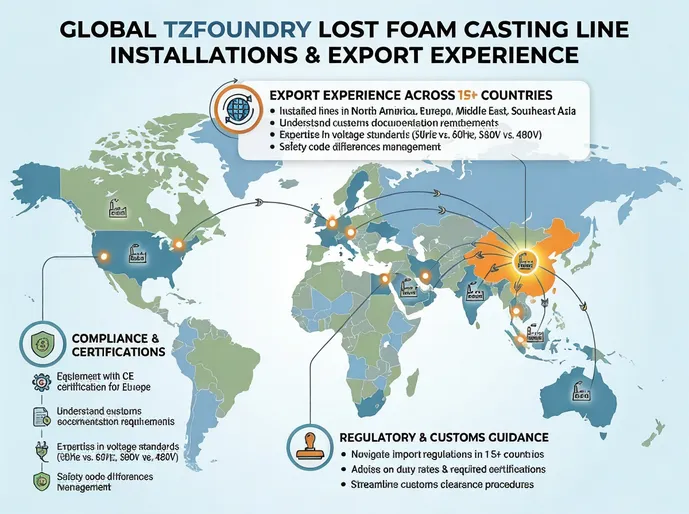 Global map showing TZFoundry lost foam line installations across North America, Europe, Middle East, and Southeast Asia