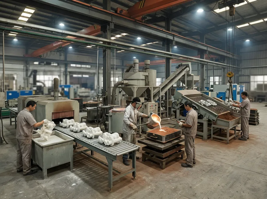 Lost foam casting line operated by 2-3 operators per shift demonstrating labor efficiency