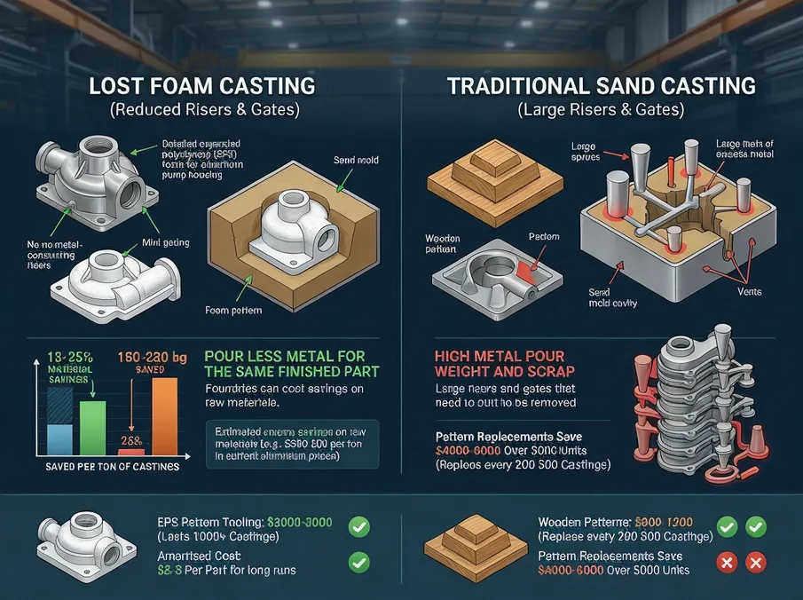 Material savings comparison between lost foam and traditional sand casting showing reduced risers and gates