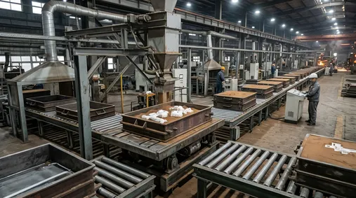 Molding line with vibration tables and flask handling conveyors