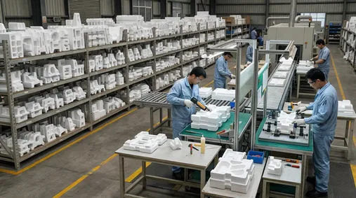 EPS pattern handling system with storage racks and gluing stations