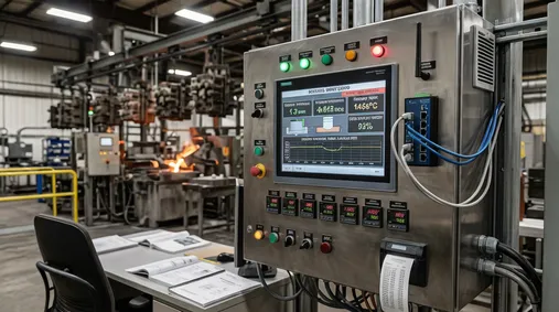 PLC control system panel with process parameter logging and remote diagnostics