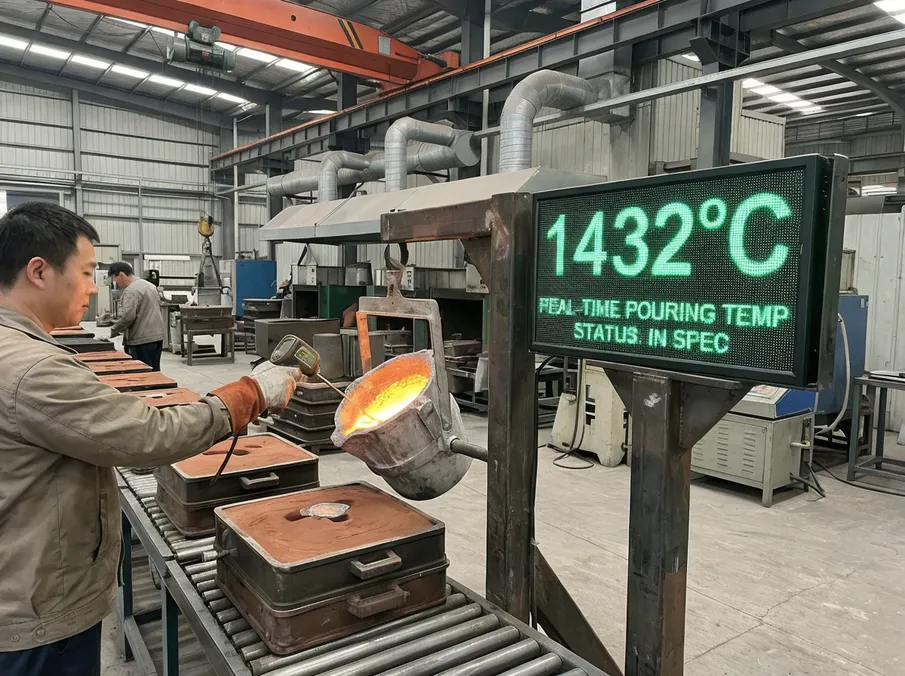 Pyrometer feedback system displaying real-time pouring temperature at the casting station