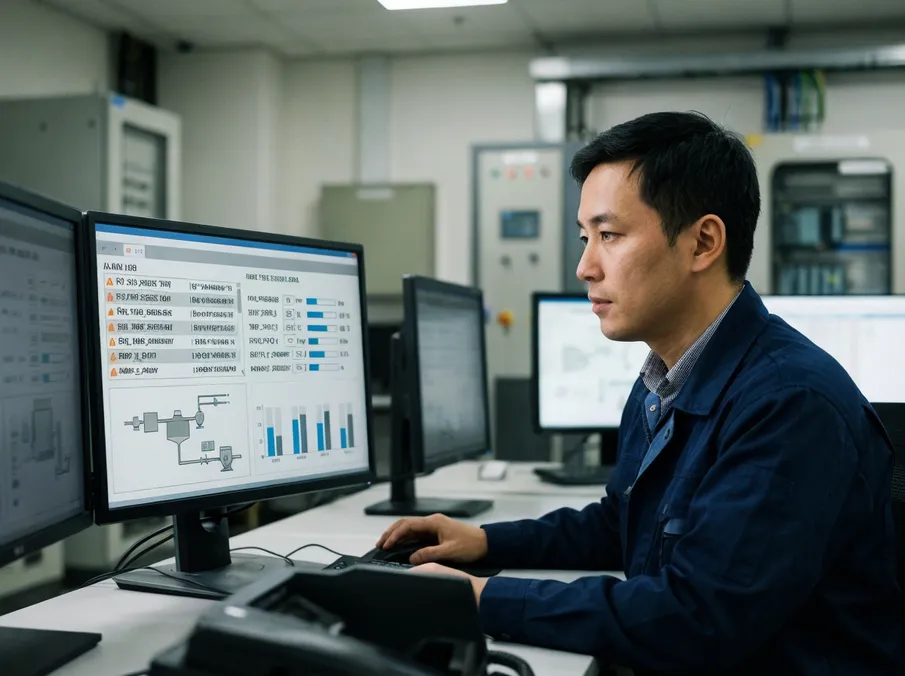 Remote PLC diagnostics session showing alarm history and sensor readings