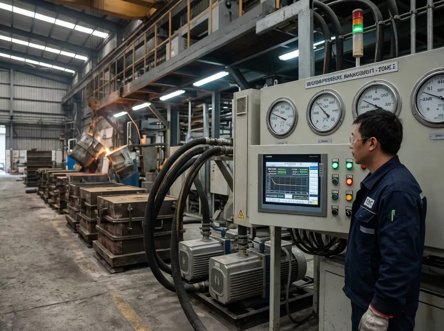 Vacuum pressure control system with gauges and PLC monitoring for lost foam casting