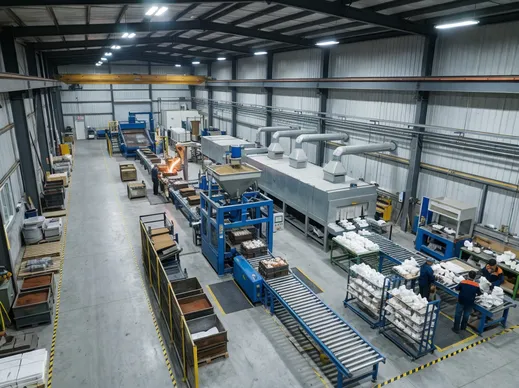 Lost foam casting facility layout showing linear flow from pattern handling through shakeout