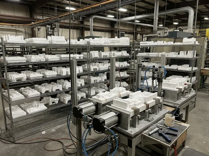 EPS pattern handling system with storage racks and pneumatic assembly fixtures